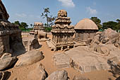 Mamallapuram - Tamil Nadu. The five Rathas. The group of the Arjuna Ratha, Draupadi Ratha and Nandi the bull. 